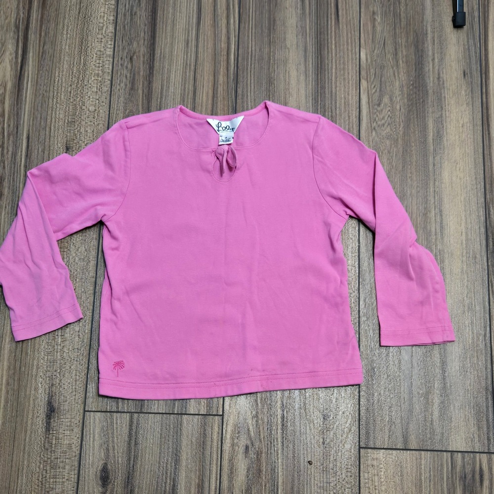 Lilly Pulitzer Girls Pink Long Sleeve Keyhole Tie Neck Cotton Top Size 12